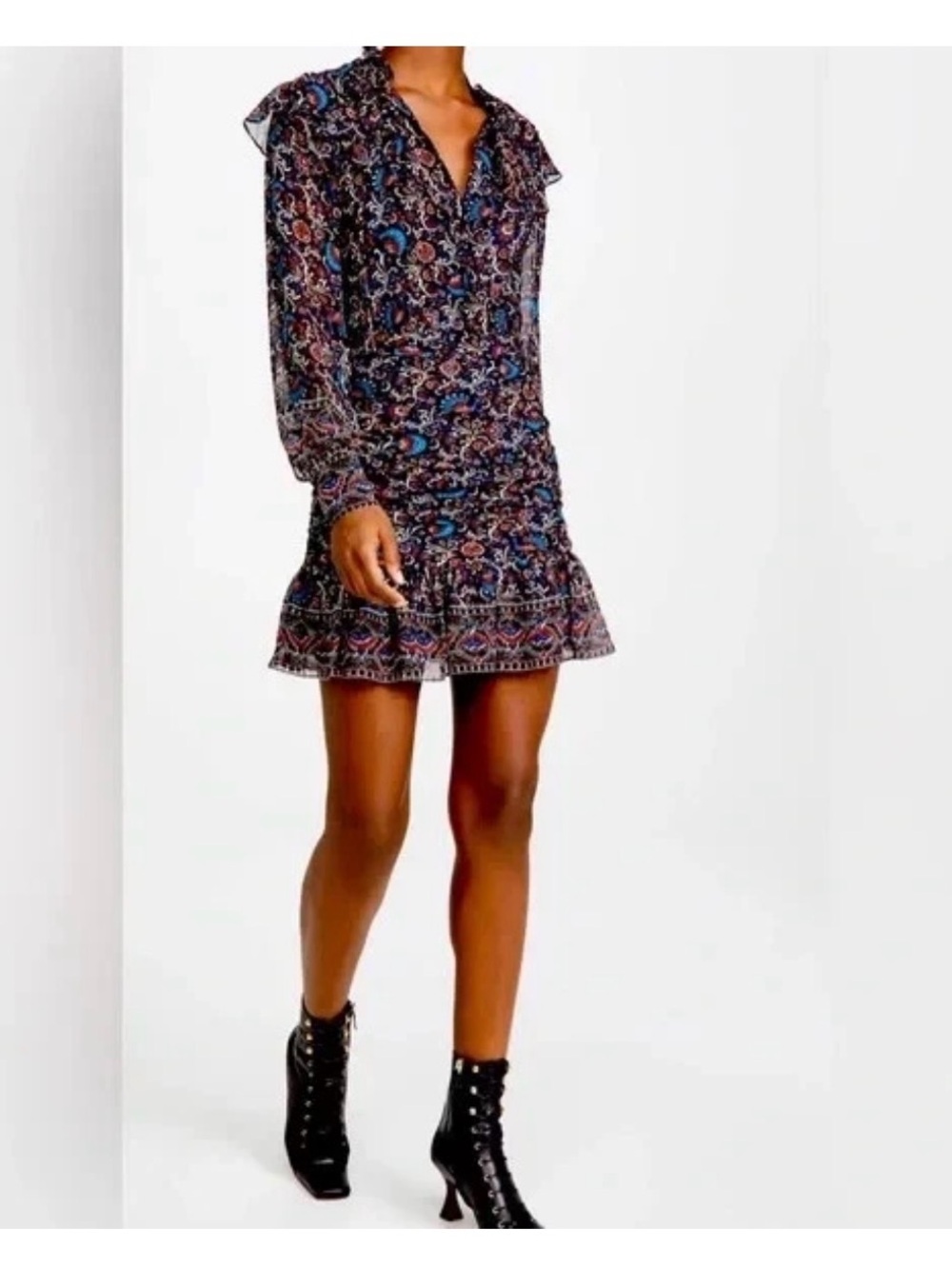 Veronica Beard Jaylene Sheer Ruched Black Floral Silk Dress long sleeves size 4